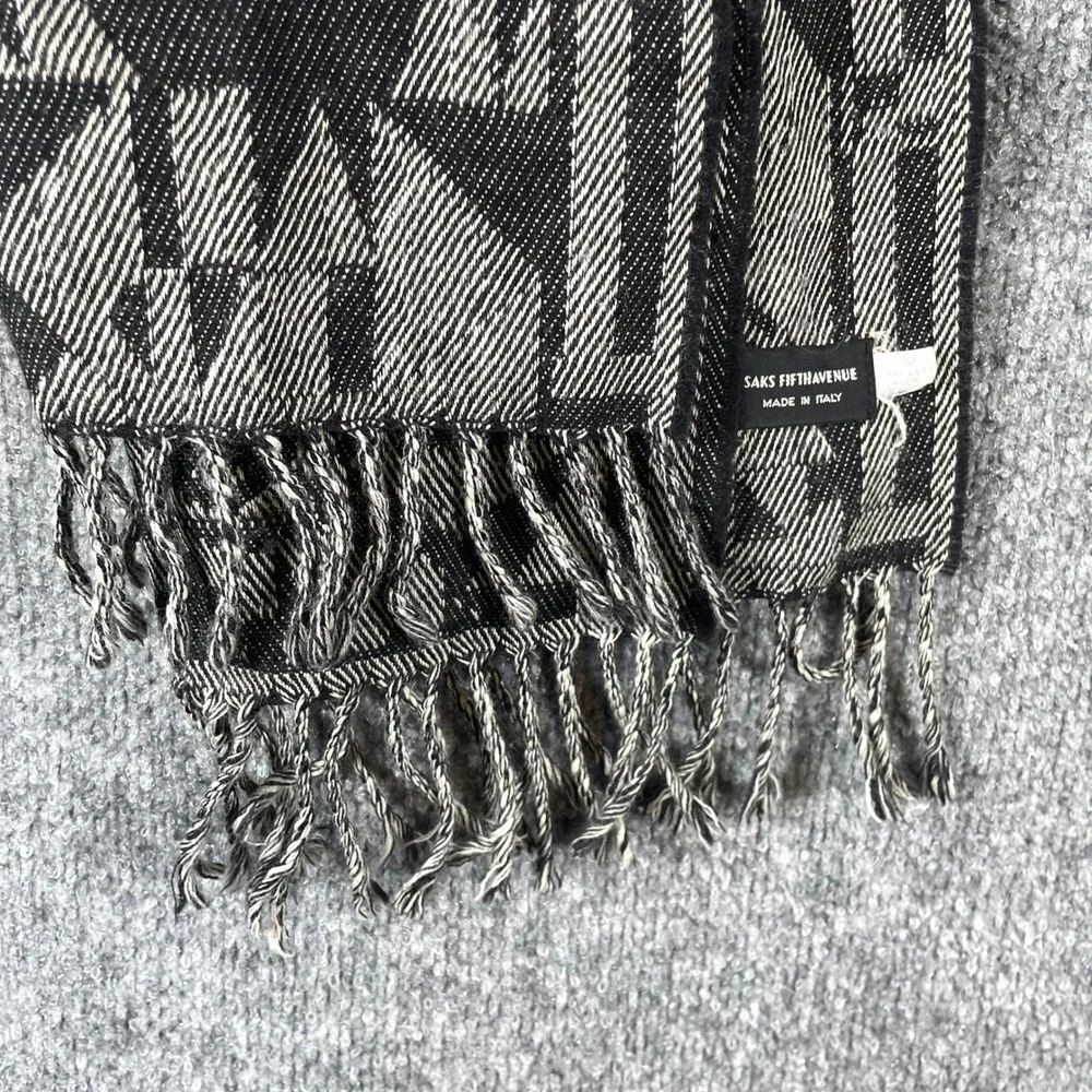 VTG Saks Fifth Avenue Scarf Unisex One Size Black Geometric Abstract Wool Italy